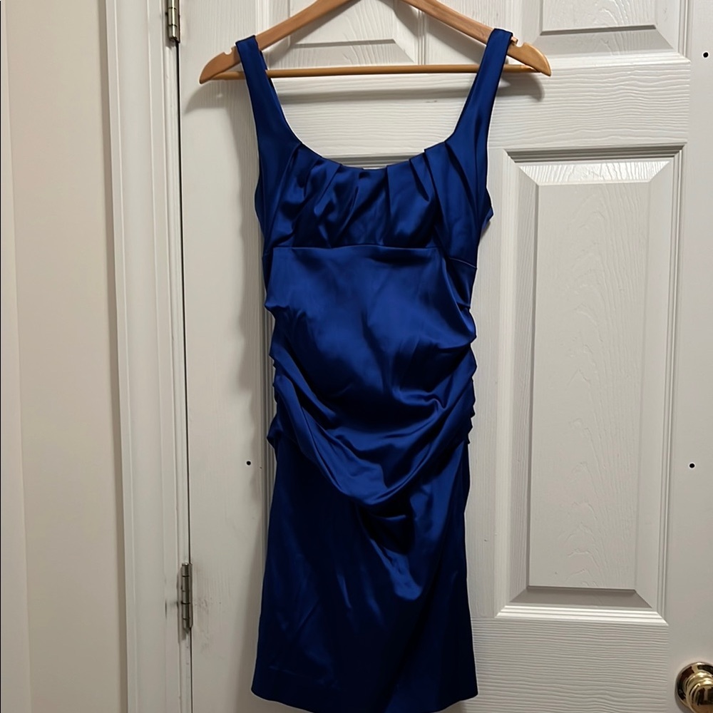Suzi Chin Blue Ruched Satin Cocktail Dress
